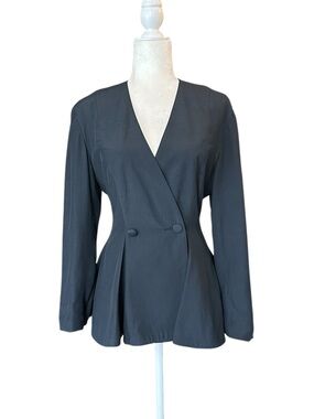 Vintage Louben Peplum Wrap Blazer Black Charcoal Tailored Minimalist - S